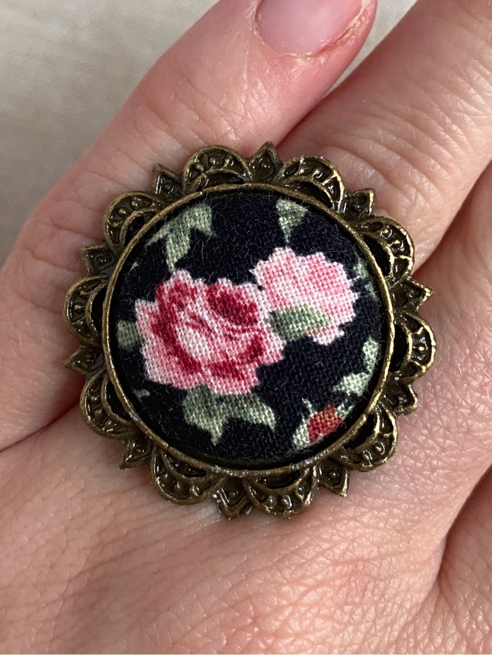 Floral Pink Rose Fabric Button Statement Ring